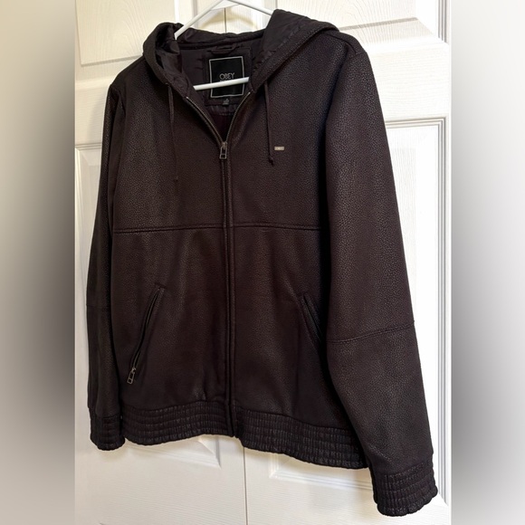 OBEY Propaganda Black Pebbled Liquid Faux Leather Hooded Zip Jacket Size Medium - Picture 2 of 14